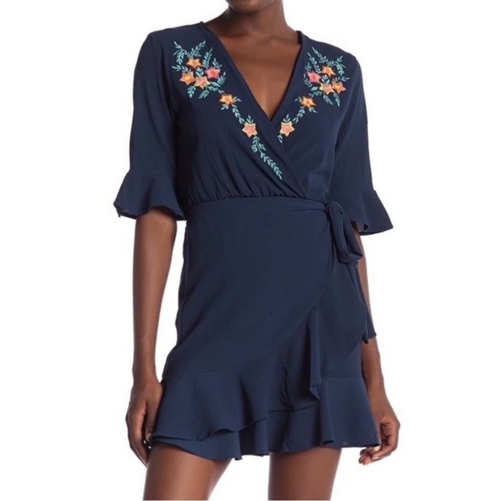 Angie Surplice Neck Tie-Waist Embroidered Flower Floral Flounce Dress